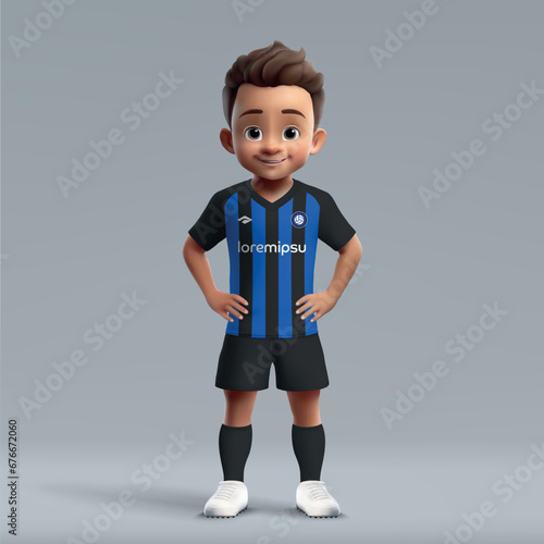 3d cartoon cute young soccer player in Inter football kit.