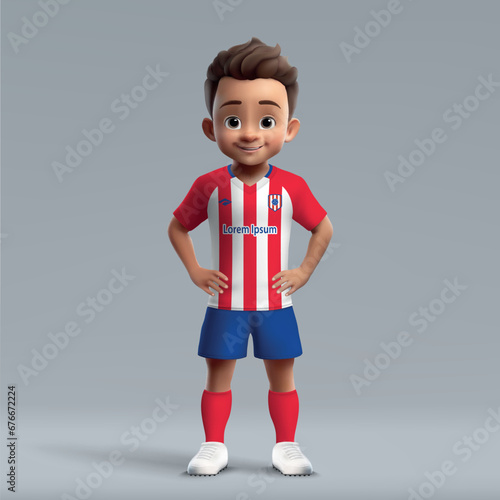 3d cartoon cute young soccer player in Atletico Madrid football kit.