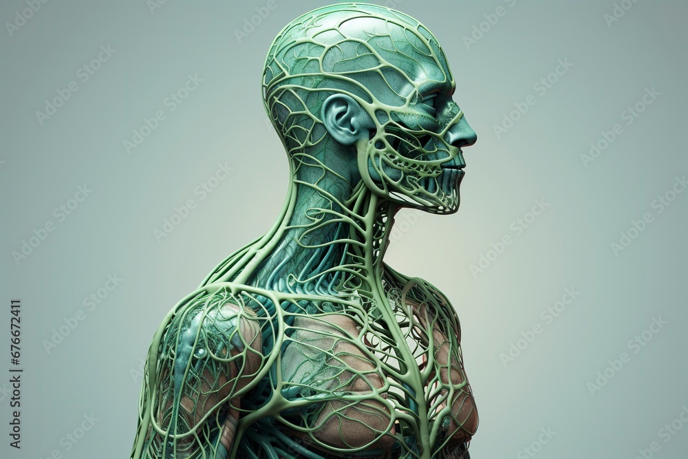 Illustrate the human lymphatic system within the context of a friendly and clean visual, incorporating it seamlessly into the contours of a human posture, generative ai - obrazy, fototapety, plakaty 