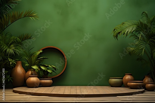green wall with pots and trees on grass, wooden bowl in green garden background, in the style of rendered in cinema4d, tabletop photography, lively tableaus, exotic, minimalist stage designs, rim ligh