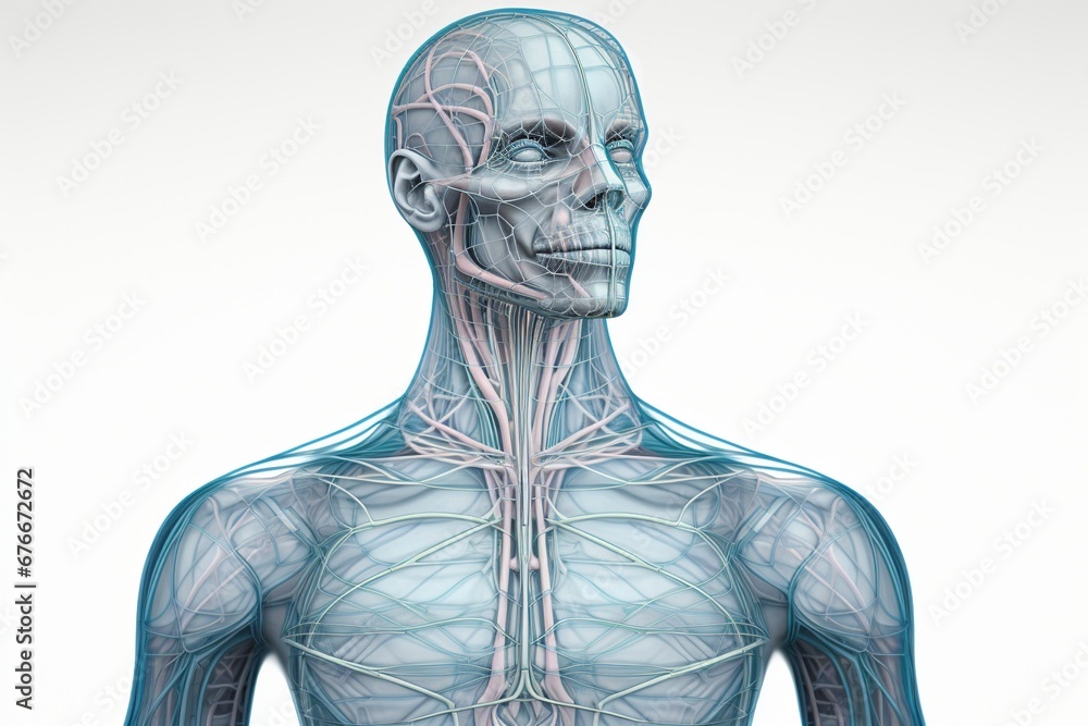 Illustrate the human lymphatic system within the context of a friendly and clean visual, incorporating it seamlessly into the contours of a human posture, generative ai Illustrate the human lymphatic system within the context of a friendly and clean visual, incorporating it seamlessly into the contours of a human posture, generative ai