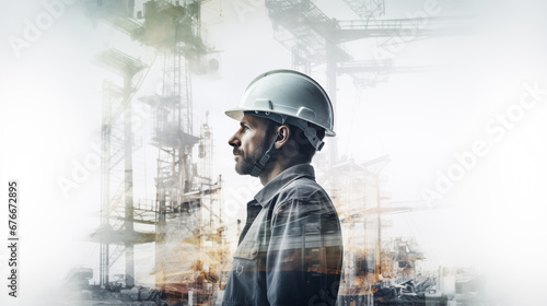 Double exposure image of engineeer in construction site with uniform .Generative ai