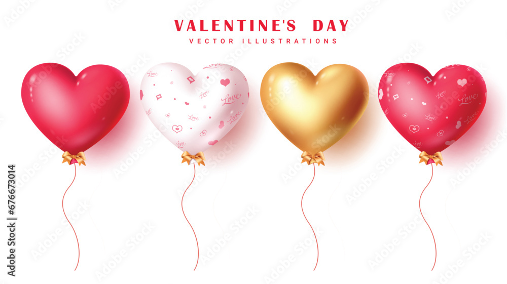 Valentine's day hearts balloon vector set design. Valentine's heart balloons inflatable collection floating for valentine, wedding and anniversary celebration elements. Vector illustration heart 