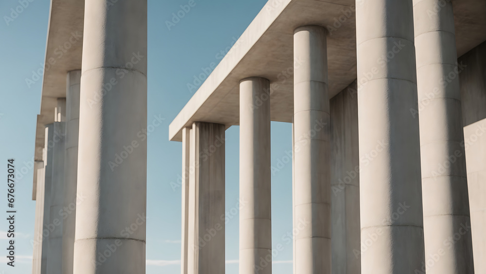 3D render of a close-up of concrete pillars forming an abstract pattern against a clear sky.