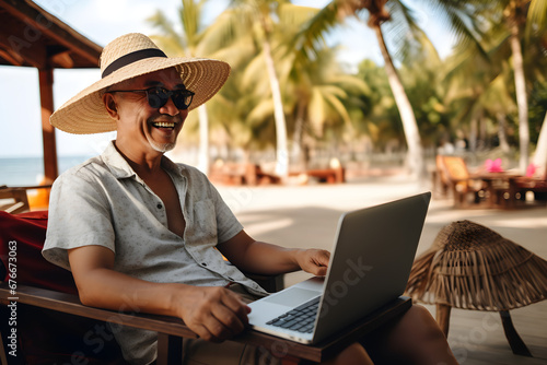 happy senior Asian man working remotely on laptop on summer vacation - nomadic remote work concept