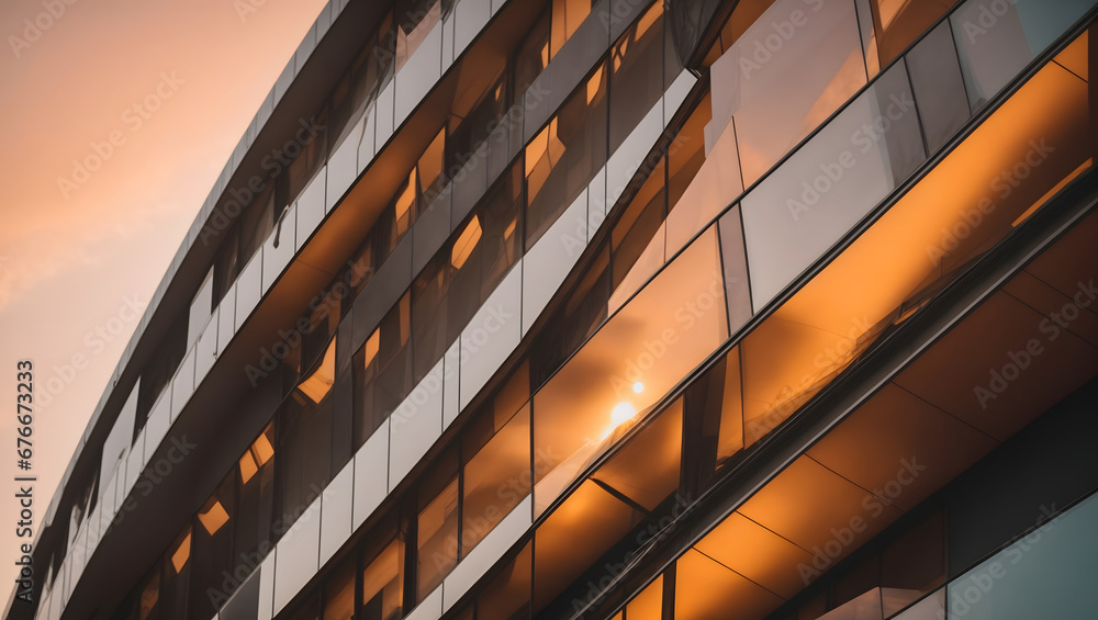 A macro view of a building's angular facade against a backdrop of a sunrise or sunset sky. Abstract architectural composition.