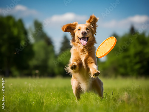 Energetic dog leaping high to catch a flying frisbee on a sunny day. photo