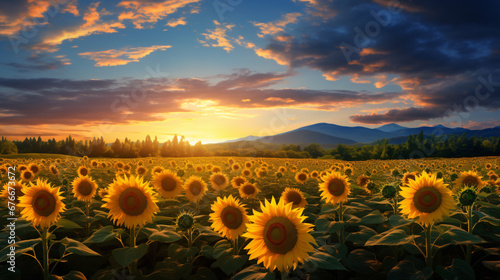 A stunning view of a field of sunflowers at sunset