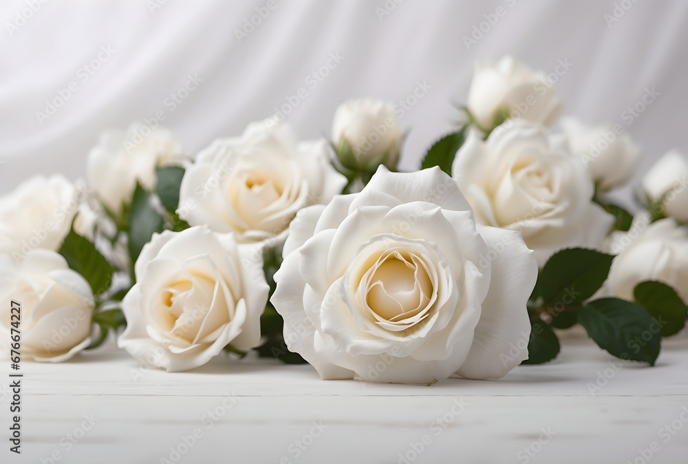 aesthetic backdrop with delicate white roses isolated on white background, banner with copy space text, template