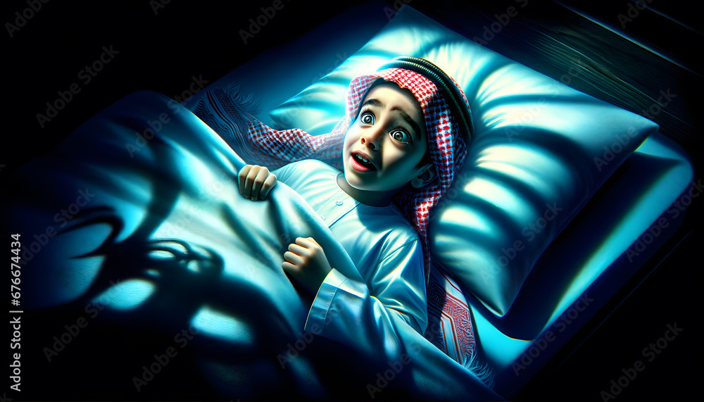 Little arab boy waking from a nightmare, colorful digital painting. Generative AI. Little arab boy waking from a nightmare, colorful digital painting. Generative AI.