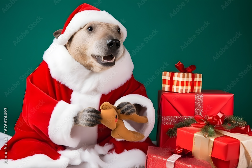 Portrait of a Beaver Dressed in a Red Santa Claus Costume in Studio with Colorful Background Portrait of a Beaver Dressed in a Red Santa Claus Costume in Studio with Colorful Background