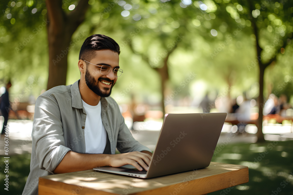 happy brown man working remotely on laptop in park - remote nomadic work business lifestyle concept happy brown man working remotely on laptop in park - remote nomadic work business lifestyle concept