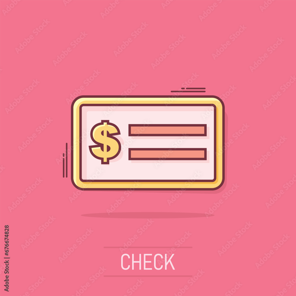 Cartoon money check icon in comic style. Bank checkbook illustration pictogram. Checkbook sign splash business concept. Cartoon money check icon in comic style. Bank checkbook illustration pictogram. Checkbook sign splash business concept.