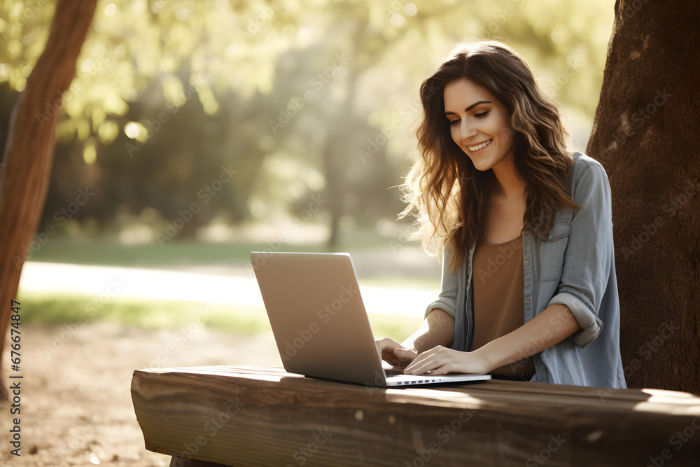 happy young woman working remotely on laptop in park - remote nomadic work business lifestyle concept happy young woman working remotely on laptop in park - remote nomadic work business lifestyle concept