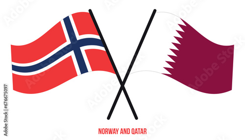 Norway and Qatar Flags Crossed And Waving Flat Style. Official Proportion. Correct Colors.