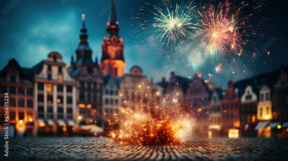 Fototapeta premium Festive Fireworks On City Square , Wallpaper Pictures, Background Hd