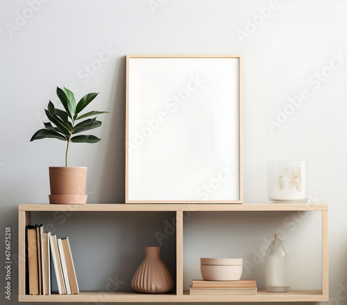 Wooden poster frame beside a  plant on a natural wood floating shelf  blending modern aesthetics with organic charm