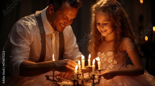 Father Daughters Kindling Candles On Candelabrum     Wallpaper Pictures  Background Hd