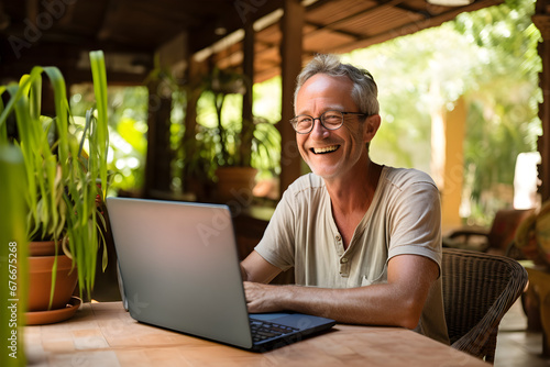 happy senior man working remotely on laptop in seasonal homestay photo