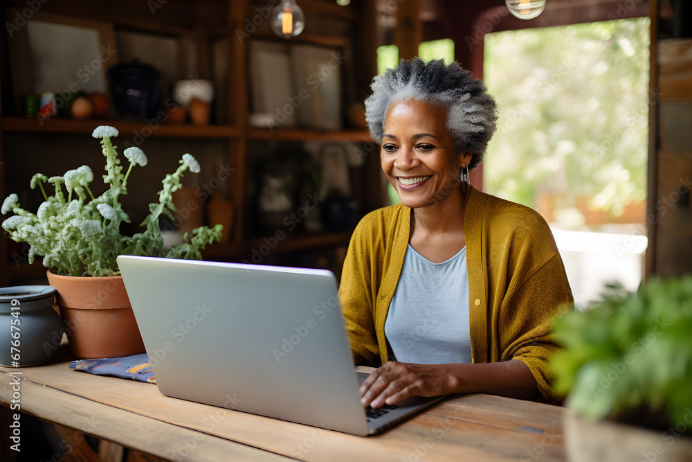 happy senior black man working remotely on laptop in seasonal homestay happy senior black man working remotely on laptop in seasonal homestay