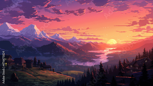 Pixel art cute village at sunset