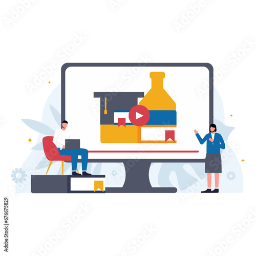 Online education course vector ilustration concept,knowledge,online lesson monitor,learning with video conference,online lecture.Isolated object.Can be used for websites.