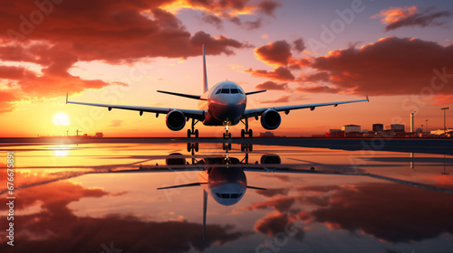 Airplane at the airport at sunset. © Natia