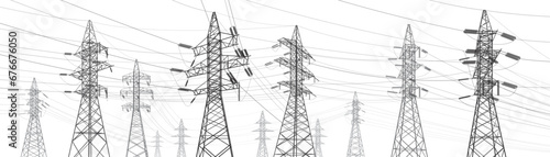 High voltage transmission systems. Electric pole. Power lines. A network of interconnected electrical. Energy pylons. City electricity infrastructure. Gray otlines on white background. Vector design