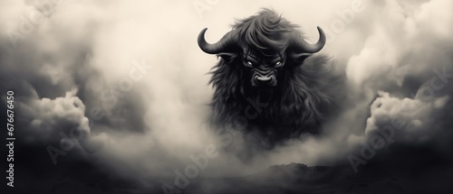 Bison bull beast roaming the prairie fields, shrouded in a dusty cloud, dangerous animal creature, mythical, huge and menacing horns, angry ready to charge and attack - sepia brown colortone. photo