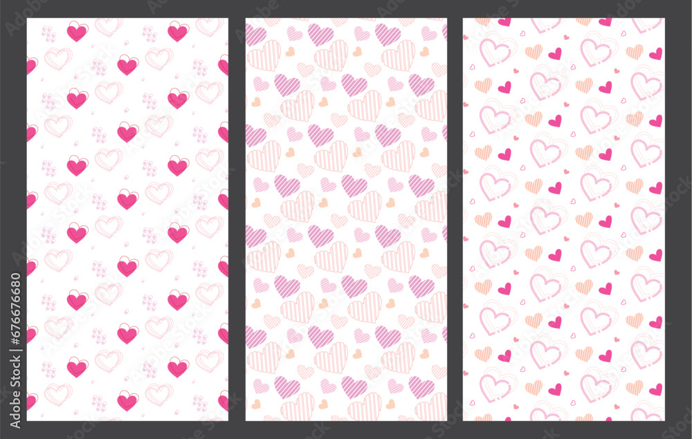 Valentine's heart seamless pattern vector poster set. Valentine's hearts shape pattern endless bundles for gift wrap holiday season lay out. Vector illustration hearts day gift wrap seamless Valentine's heart seamless pattern vector poster set. Valentine's hearts shape pattern endless bundles for gift wrap holiday season lay out. Vector illustration hearts day gift wrap seamless