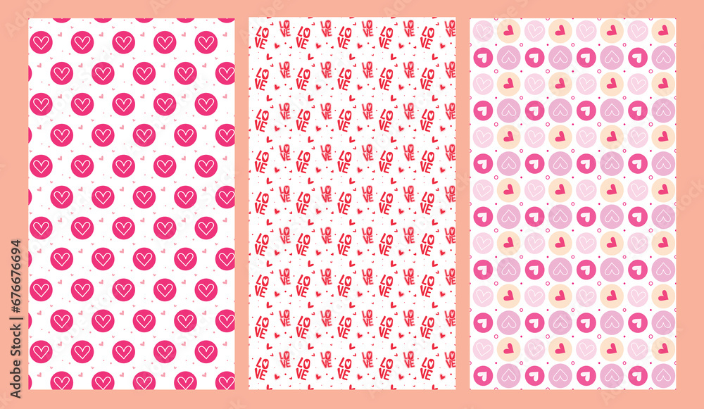 Valentine's seamless pattern vector poster set. Valentine's day heart shape and love typography gift wrap bundles collection. Vector illustration greeting card seamless pattern collection.  
