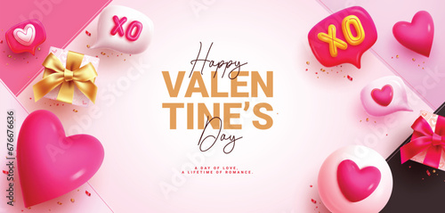Happy valentine's day text vector banner. Valentine's day greeting card with inflatable heart balloon decoration elements for holiday season background. Vector illustration hearts day invitation card 