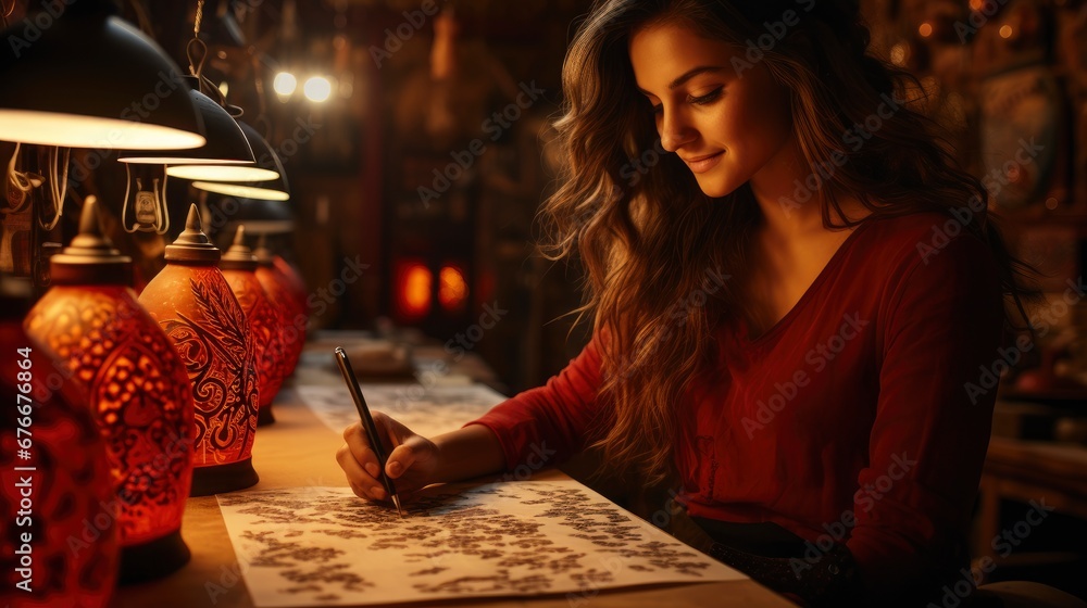 Fototapeta premium Young Woman Decorates Sets Festive Christmas , Wallpaper Pictures, Background Hd