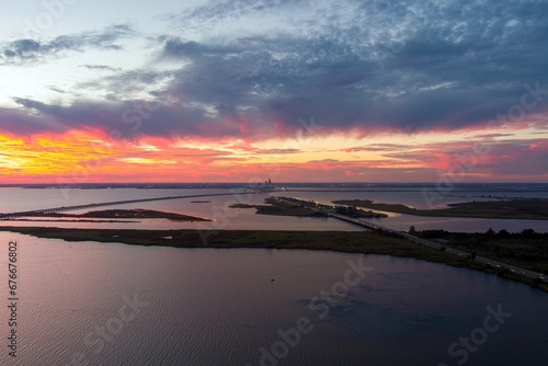 Mobile Bay causeway and the Jubilee Parkway bridge at sunset