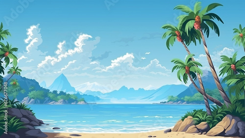 Beautiful Pixel Art Seamless Landscape with Tropics Area