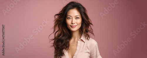 A middle aged asian woman posing in front of a pink background
