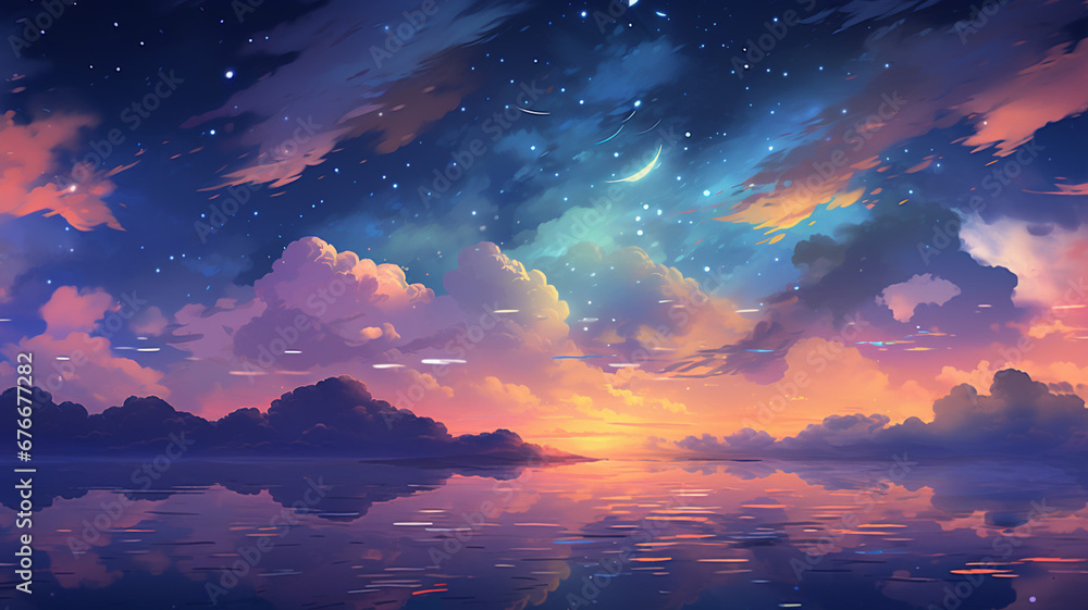 Fantastic Pixel Art Star Sky at Sunset Time