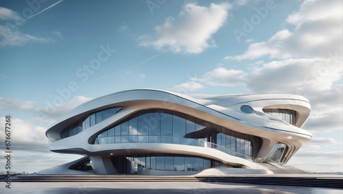 Futuristic building facade with dynamic lines and angles against a partly cloudy sky. 3D architectural rendering.