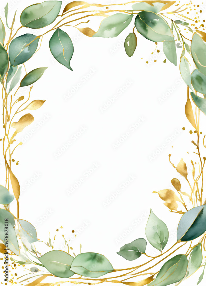 Watercolor Eucalyptus leaves greend and gold border design frame ...