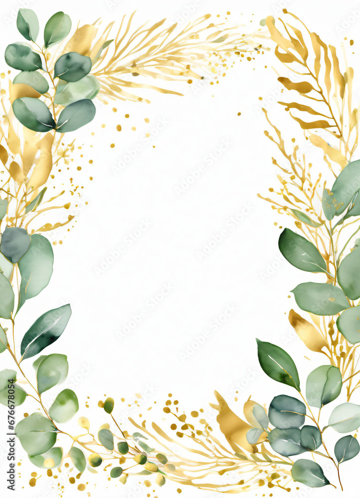 Watercolor Eucalyptus leaves greend and gold border design frame ...