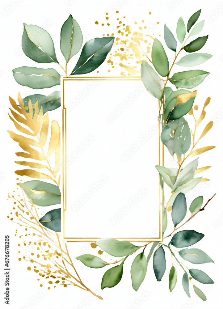 Watercolor Eucalyptus leaves greend and gold border design frame ...