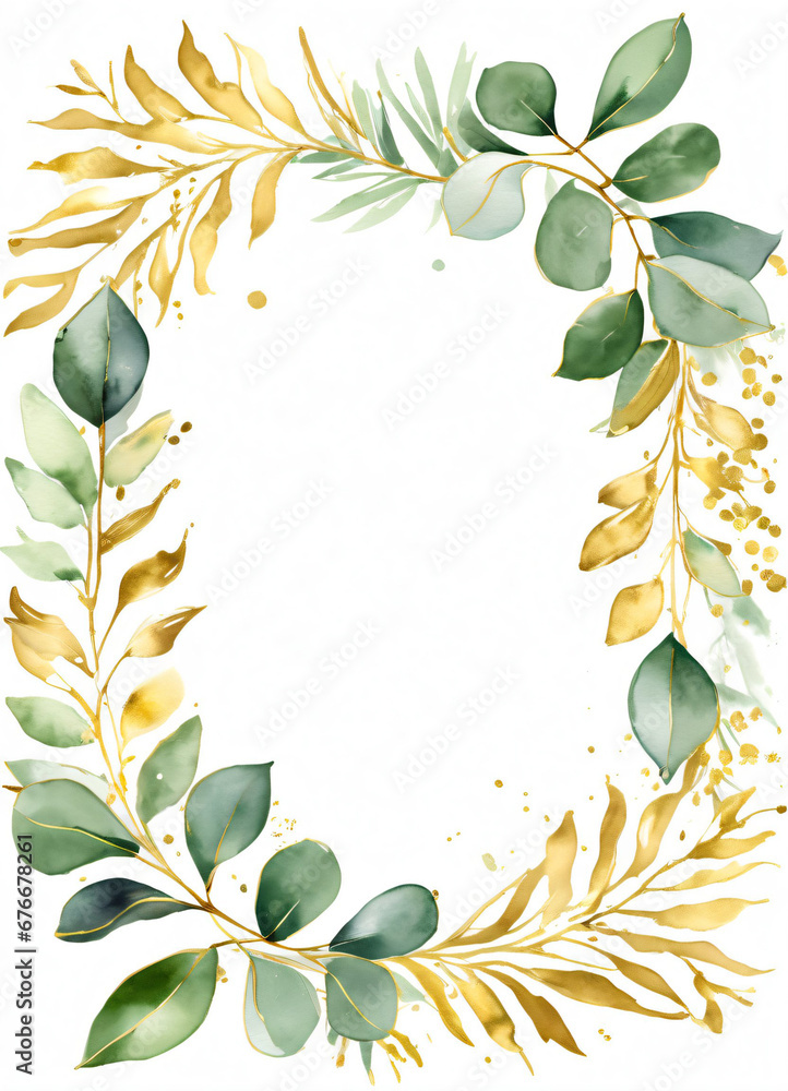 Watercolor Eucalyptus leaves greend and gold border design frame ...