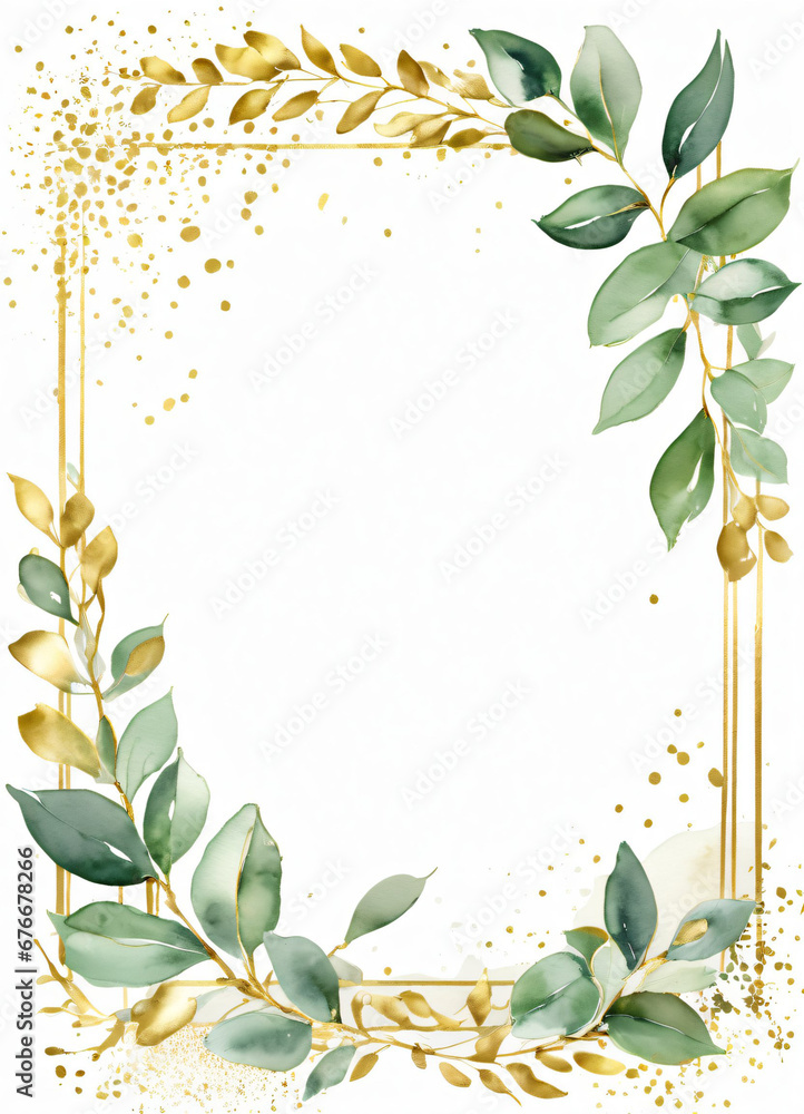 Watercolor Eucalyptus leaves greend and gold border design frame ...