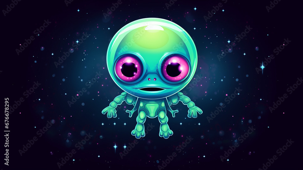 Amazing Alien in Outer Space Cute Monster in Pixel Art Amazing Alien in Outer Space Cute Monster in Pixel Art