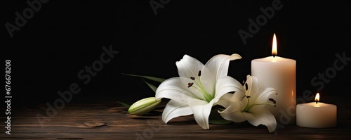 White candle. Eternal elegance. Delicate lily blossom in dark contrast. Botanical harmony. Blooming in composition of beauty. Spring serenity. Bright flower in nature embrace