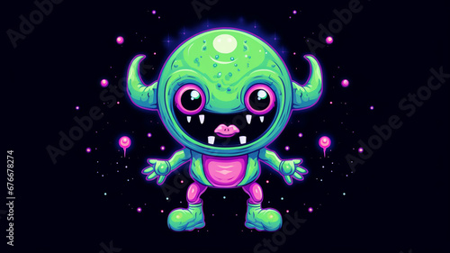 Alien in Outer Space Cute Monster in Pixel Art