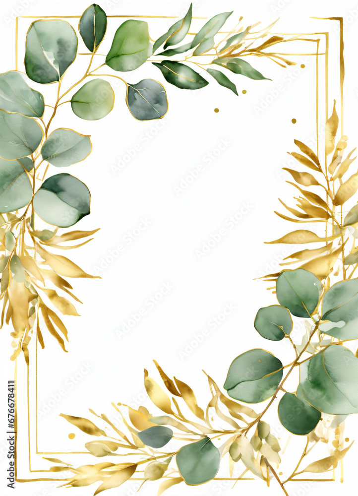 Watercolor Eucalyptus leaves greend and gold border design frame ...