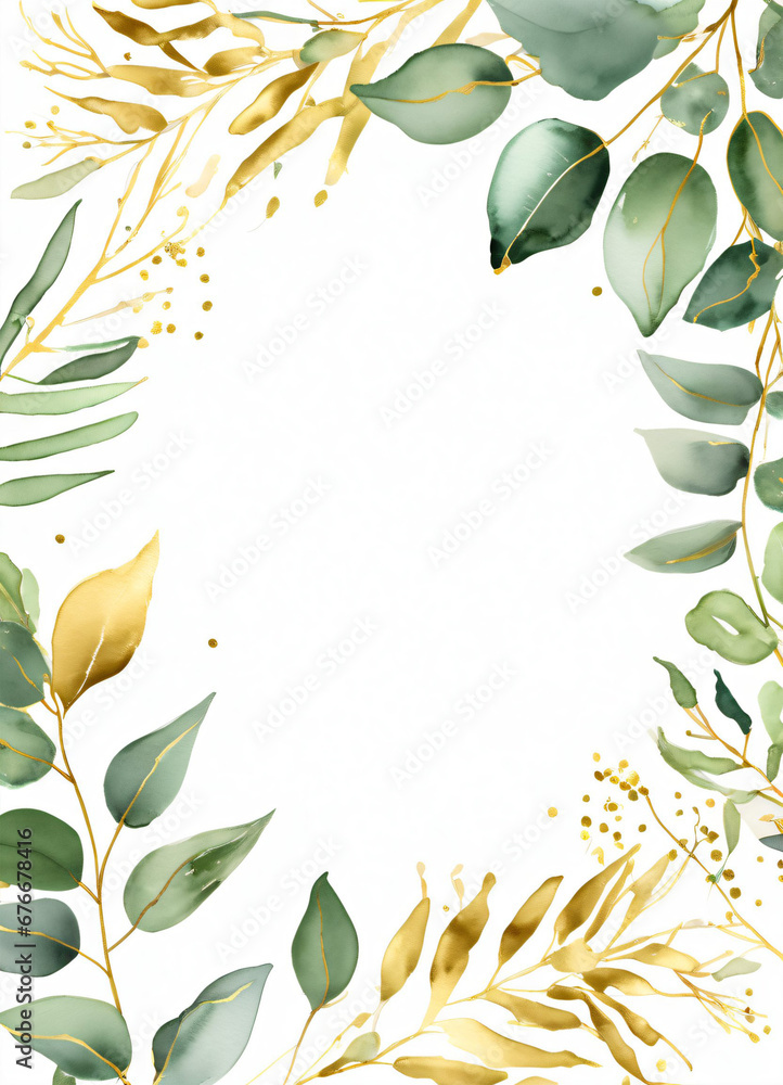 Watercolor Eucalyptus leaves greend and gold border design frame ...