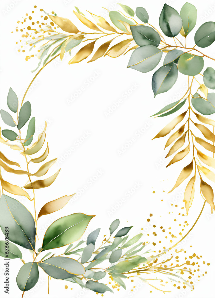 Watercolor Eucalyptus leaves greend and gold border design frame ...
