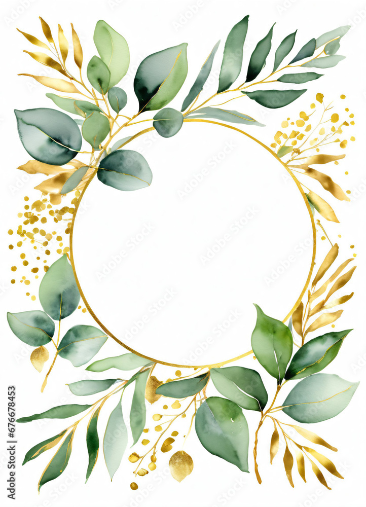 Watercolor Eucalyptus leaves greend and gold border design frame ...